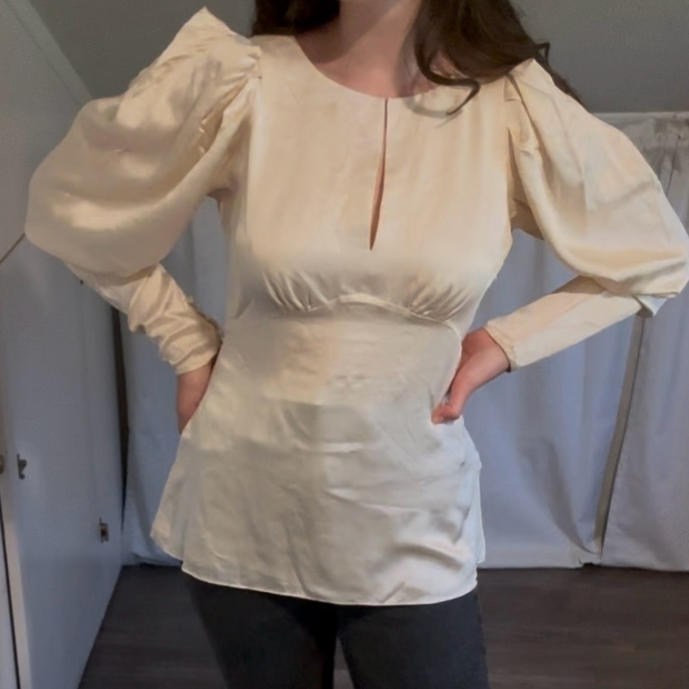 100% Silk Long Puff Sleeve Blouse in White / Cream